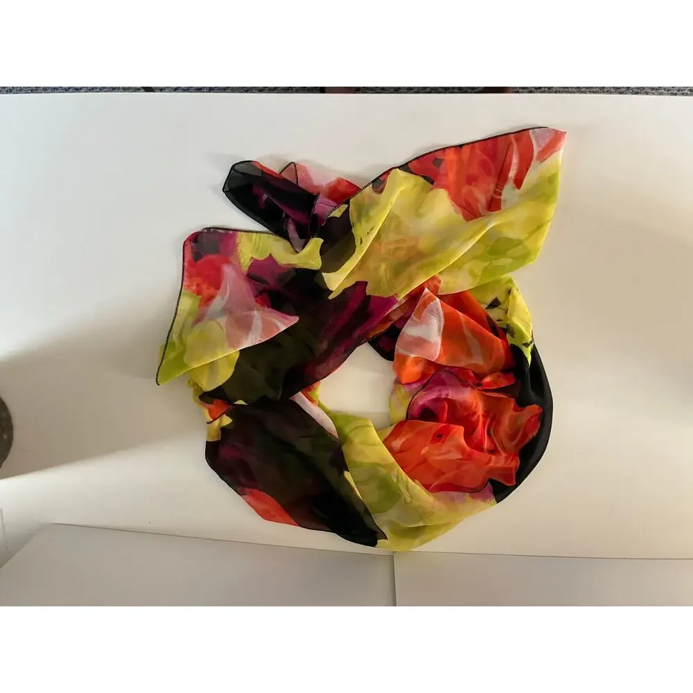 Colorful Chiffon Scarf Watercolor Floral Design Pink Orange Green Black 58